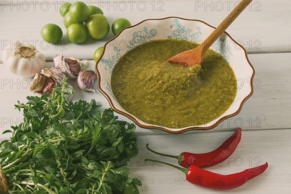 Tkemali sauce, traditional Georgian cuisine, green cherry plum, with ingredients for sauce, cilantro, mint, hot pepper, garlic, on a white wooden table, close-up, rustic, food background, no people, selective focus, sauce, green sauce, tkemali, georgian cuisine, homemade