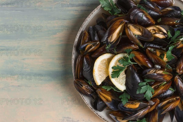 Fresh, Boiled mussels, Black Sea, with parsley and lemon, no people