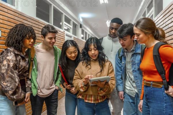 Diverse group of college students collaborating on a project, using a digital tablet in a university hallway