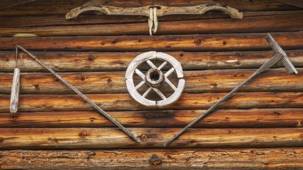 Detailed view of the front of a barn on the Glatsch Alm, Dolomites, Puez-Geisler nature park Park, Geisler Group, St. Magdalena, Villnöss, Funes, Villnöss Valley, South Tyrol, Italy, Europe