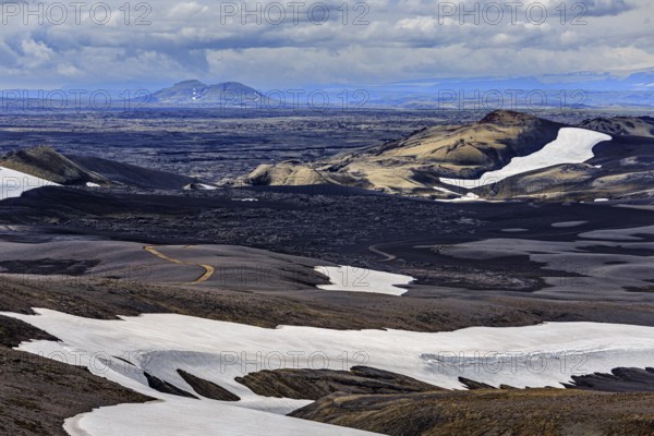 Volcanic landscape, lava, mountainous, snowfields, summer, sunny, cloudy, highlands, Laki, Lakagigar, Iceland, Europe