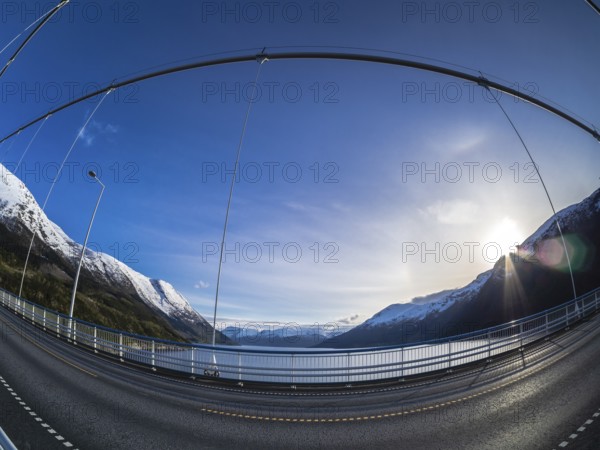 Hardanger bridge, suspension bridge over the Eidfjord, a branch of the Hardangerfjord, near Brimnes, Hordaland, Norway, Europe
