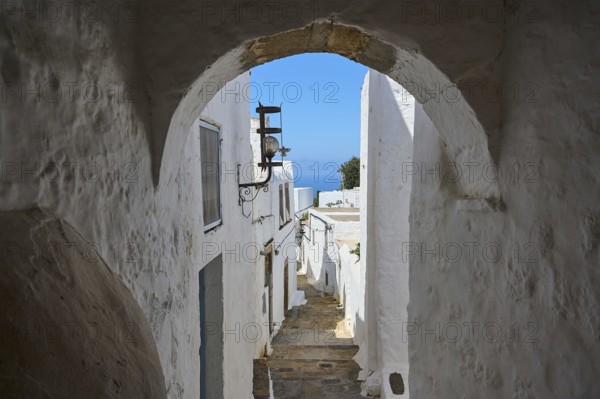Narrow passageway with arches in a medieval town overlooking the sea, Chora, main town of Patmos, Patmos, Old Town, Dodecanese, Greek Islands, Greece, Europe