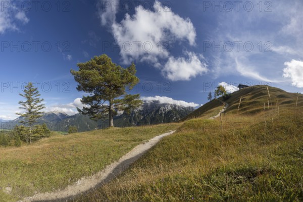 Panorama from Hoher Kranzberg, 1397m to the cloudy Karwendel Mountains, Werdenfelser Land, Upper Bavaria, Bavaria, Germany, Europe