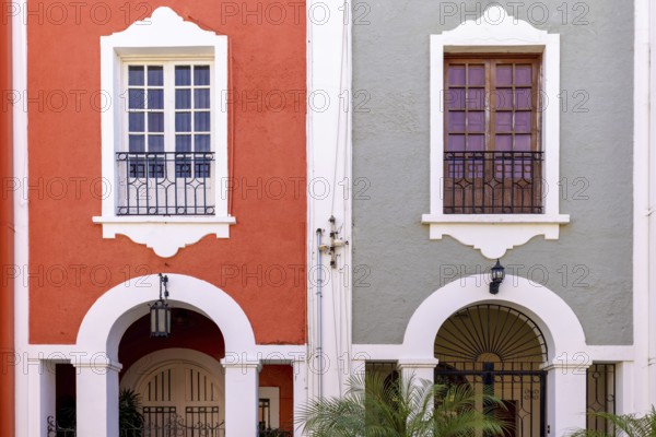 Mexico, Mazatlan, Colorful old city streets in historic city center near El Malecon promenade, ocean shore Zona Hotelera Hotel Zone and central Mazatlan Basilica cathedral, Central America