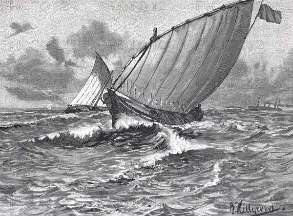 Sailing boat, dhow in stormy seas on the voyage from Tanzania to Zanzibar, 1895, reproduction of an original, around 1900, historical