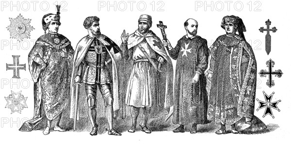 Religious costumes in 1880, from left: Order of St Stephen, Grand Master of the Teutonic Order, Knights Templar, Grand Master of the Knights of St John, Golden Fleece, historical, digital reproduction of an original 19th century model