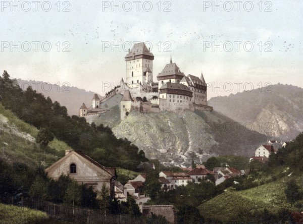 Karlstein Castle, Bohemia, Czech Republic, Historical, digitally restored reproduction from a 19th century original, Record date not stated, Europe