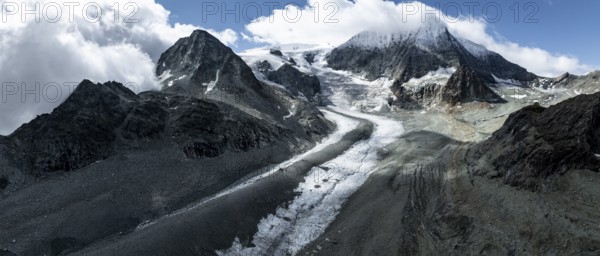Aerial view, mountain landscape with glacier tongue Glacier de Cheilon and summit Mont Blanc de Cheilon, Valais, Western Alps, Switzerland, Europe