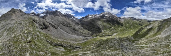 Mountain panorama over the Gössnitz valley with summit Roter Knopf, aerial view, Schober group, Hohe Tauern National Park, Eastern Alps, Carinthia, Austria, Europe