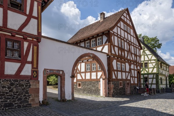 House from Laubach with gateway, residential house, house from Schadeck, village shop, historic half-timbered house, Hessenpark Open-Air Museum, Neu-Anspach, Taunus, Hesse, Germany, Europe