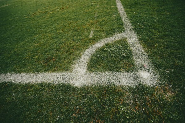 Green sports pitch with white marking lines, detailed turf