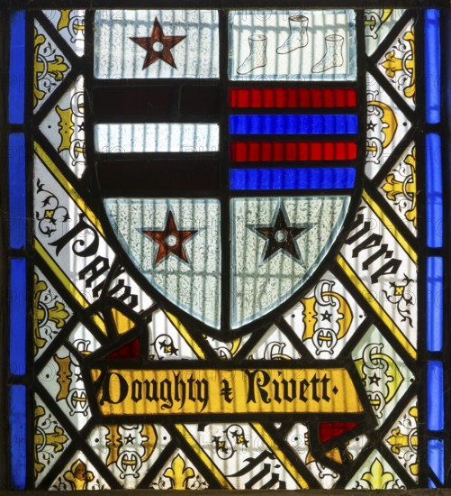Stained glass window Doughty family crest by Thomas Willement c 1843, Theberton church, Suffolk, England, UK