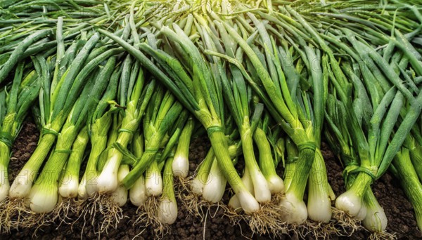 Vegetable, spring onion or spring onion, also winter onion, Allium fistulosum, harvest in a field in the Nuremberg region, Bavaria, Germany, Europe