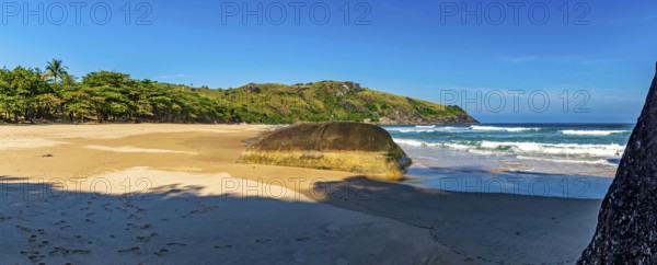 Panoramic photo of Bonete beach on the island of Ilhabela on the coast of São Paulo, Bonete beach, Ilhabela, Sao Paulo, Brazil, South America
