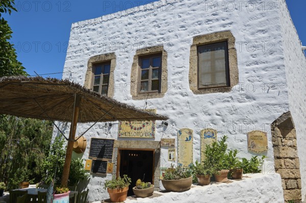 Traditional house with white walls, potted plants and signage under a parasol, Chora, Old Town, Patmos, Dodecanese, Greek Islands, Greece, Europe