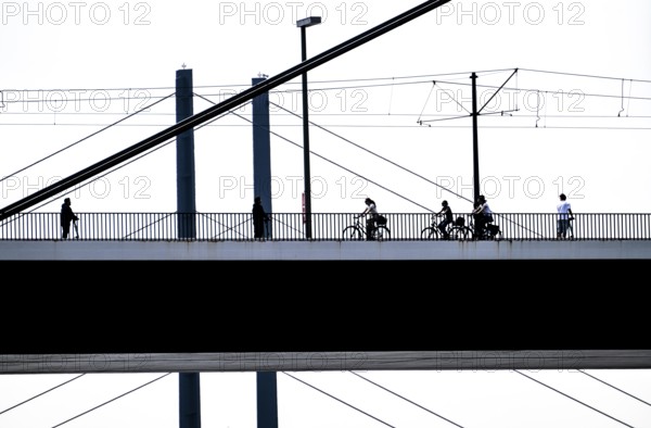 Oberkassler bridge over the Rhine near Düsseldorf, in front, behind the Rheinknie bridge, cyclist, North Rhine-Westphalia, Germany, Europe