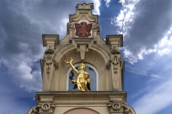 Residential building with gilded figure in baroque-style gable, 1887, Bad Kissingen, Lower Franconia, Bavaria, Germany, Europe