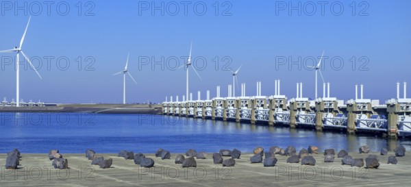 Movable barrier sections of the storm flood barrier, Oosterscheldekering, Eastern Scheldt storm surge barrier at Neeltje Jans, Zeeland, Netherlands