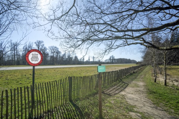 No entry, no trespassing sign along the vliegveld van Ursel Air Base, joint public, military airport near Knesselare, Aalter, East Flanders, Belgium, Europe