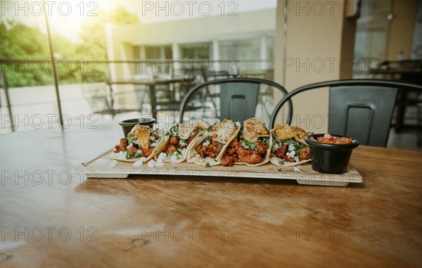 Delicious Mexican chicken tacos with sauces served on table restaurant. Traditional tacos al pastor with sauces served on a wooden board