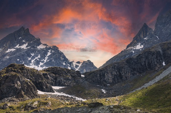 Sunset over the Valais Alps, near Grimentz, Val d'Anniviers, Valais Alps, Canton Valais, Switzerland, Europe