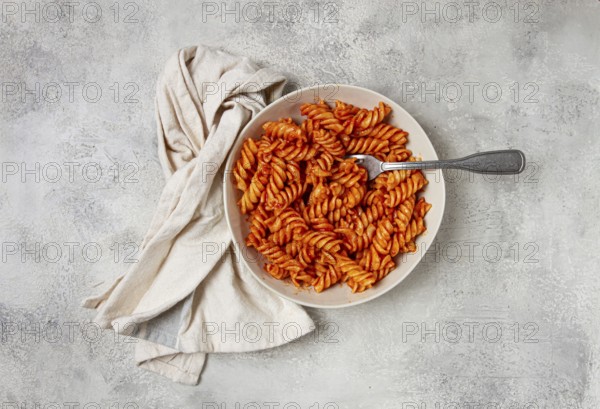 Fusilli pasta dish, made with tomato sauce, homemade, no people