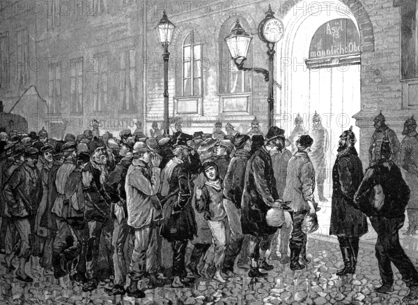 The homeless in Berlin in front of the entrance to the asylum, Germany, 1872, Historical, digital reproduction of an original from the 19th century, Europe