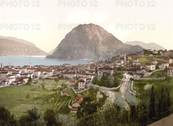 Lugano, from Massagno, Ticino, Switzerland, Historic, digitally restored reproduction from a 19th century original, Record date not stated, Europe