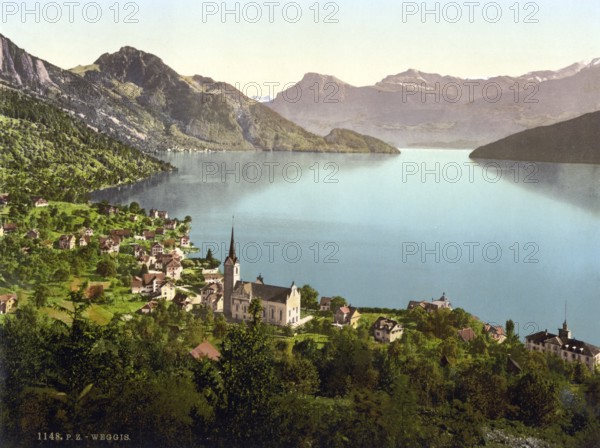 Weggis, municipality in the canton of Lucerne, Lake Lucerne, Switzerland, Historical, digitally restored reproduction from a 19th century original, Record date not stated, Europe