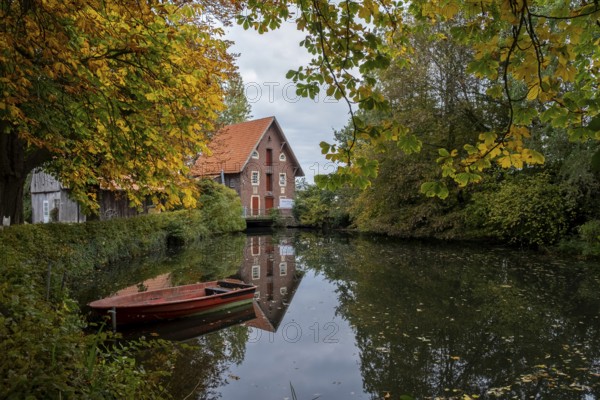 Watermill Düstermühle on the river Dinkel, Legden, Münsterland, North Rhine-Westphalia, Germany, Europe