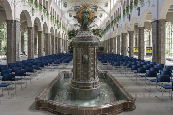 Decorative, Art Nouveau ceramic fountain made of majolica tiles, in the fountain house, Heilbad Kissingen, inaugurated in 1842, replaced by a new building in 1911, Bad Kissingen, Lower Franconia, Bavaria, Germany, Europe