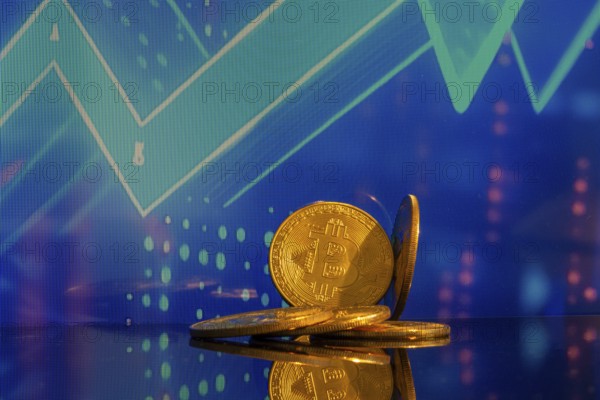 Close-up of symbolic bitcoins