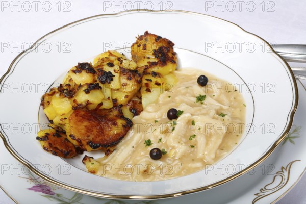 Swabian cuisine, sour tripe with roast potatoes, fried potato wheels, meat dish, offal, savoury, salty, typical Swabian, home cooking, traditional cuisine, juniper, soup plate, food photography, studio, Germany, Europe