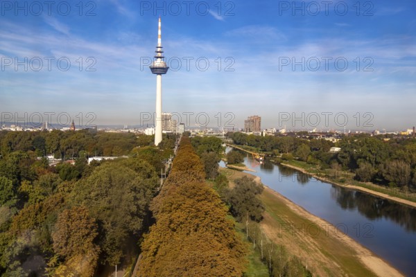Panorama of Mannheim with telecommunications tower and Neckar river