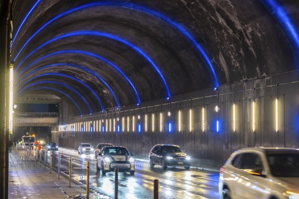 Road tunnel under the main railway station, Gildehofstraße, with lighting, LED light installation, Essen, North Rhine-Westphalia, Germany, Europe