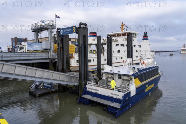 Fast ferry from Norddeich to the islands of Juist and Norderney, island express operated by Reederei Cassen-Tours GmbH, Lower Saxony, Germany, Europe