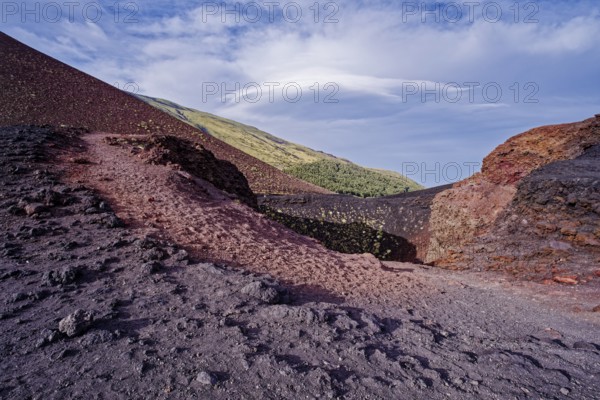 Lava rock and crater landscape around the Crateri Silvestri in the Etna National Park, Parco dell'Etna. The Etna volcano is a UNESCO World Heritage Site. Nicolosi, Sicily, Italy, Southern Europe, Europe