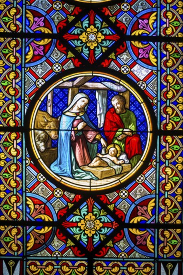 Church window, cot with Jesus and Mary and Joseph, Basel Minster, Basel, Canton of Basel-Stadt, Switzerland, Europe