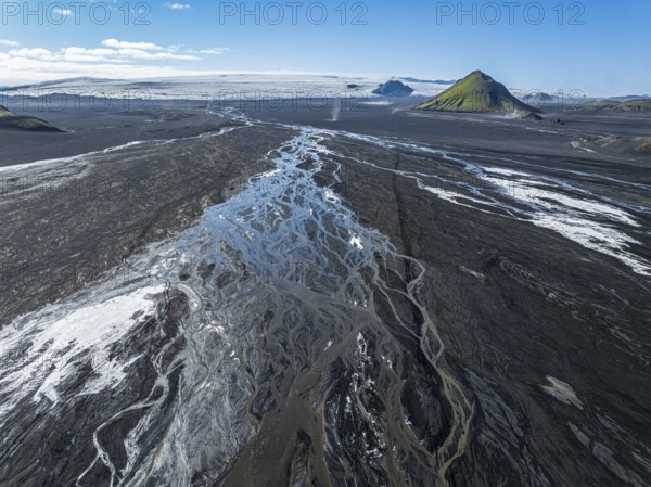 Aerial view, Mælifell mountain covered with moss, Maelifell, black sand desert Mælifellssandur, glacial streams, glacier Myrdalsjökull, Icelandic highlands, Iceland, Europe