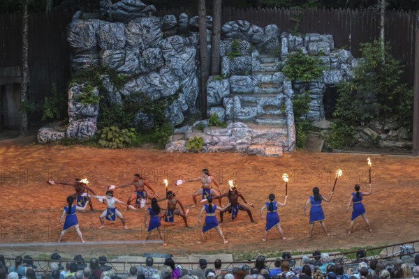 Outdoor drama Unto These Hills recounts the history of the native Cherokee people in North Carolina up to their removal via the Trail of Tears in 1838