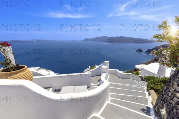 Greece, Greek Islands cruise, scenic panoramic sea views from top outlook of Oia, Europe