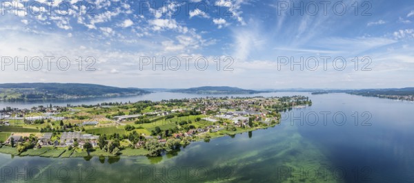 Aerial view, panorama of the island of Reichenau seen from the north, on the horizon from the left the Thurgau lake ridge, the Höri peninsula and the Mettnau peninsula near Radolfzell on Lake Constance, district of Constance, Baden-Württemberg, Germany, Europe