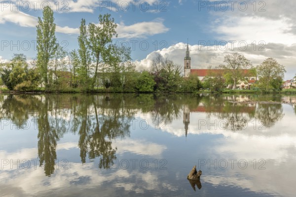 Huttenheim village reflected in a natural tree-lined river in spring. Bas Rhin, Alsace, France, Europe