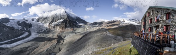 Mountain hut Labane des Dix with summit of Mont Blanc de Cheilon and glacier Glacier de Cheilon, Valais Alps, Valais, Switzerland, Europe