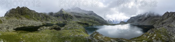 Mountain landscape with cloudy mountain peaks, mountain lakes Wangenitzsee and Kreuzsee, aerial view, Schober Group, Hohe Tauern National Park, Eastern Alps, Carinthia, Austria, Europe