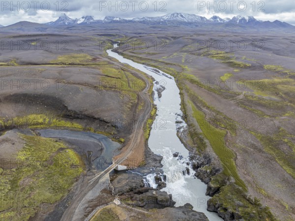 Aerial view of waterfall Gygjarfoss, Kerlingarfjöll, central highland, Iceland, Europe