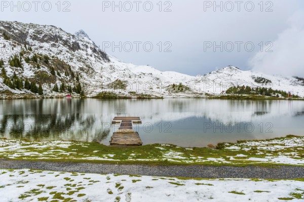 Bettmersee, mountain lake, alpine, bathing, swimming, footbridge, wooden footbridge, tranquillity, wellness, cold, winter, snow, tourism, Bettmeralp, Valais, Switzerland, Europe