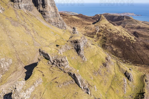 Aerial view of the Quiraing rock formation 'the prison', Trotternish peninsula, Isle of Skye, Scotland, UK