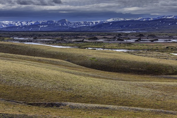 Volcanic landscape, lava, river, mountainous, summer, cloudy, highlands, Laki, Lakagigar, Iceland, Europe